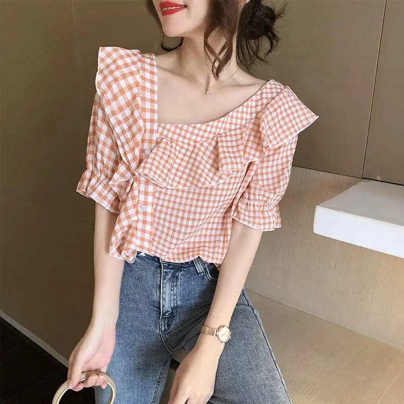 

Female Clothing 2021 Summer Short Sleeve Shirt Ladies Fashion Woman Blouses Sexy Off Shoulder Plaid Top Women Blouse Y597