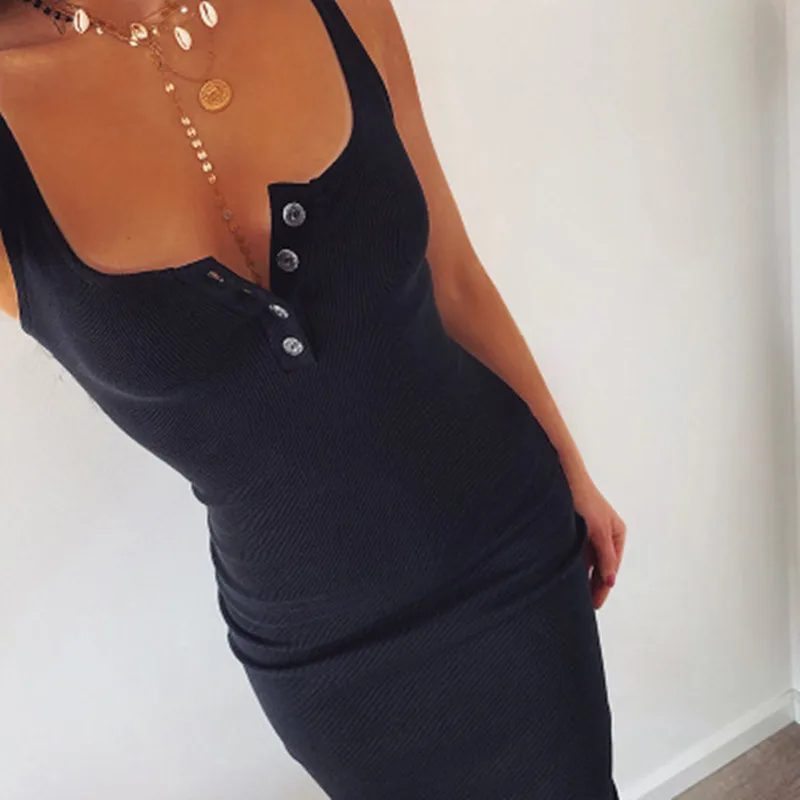

Knee-Length Dress Knitted Elastic Sleeveless Bodycon elegant Women 2021 Summer Sexy V-Neck Button Party Slim Dresses