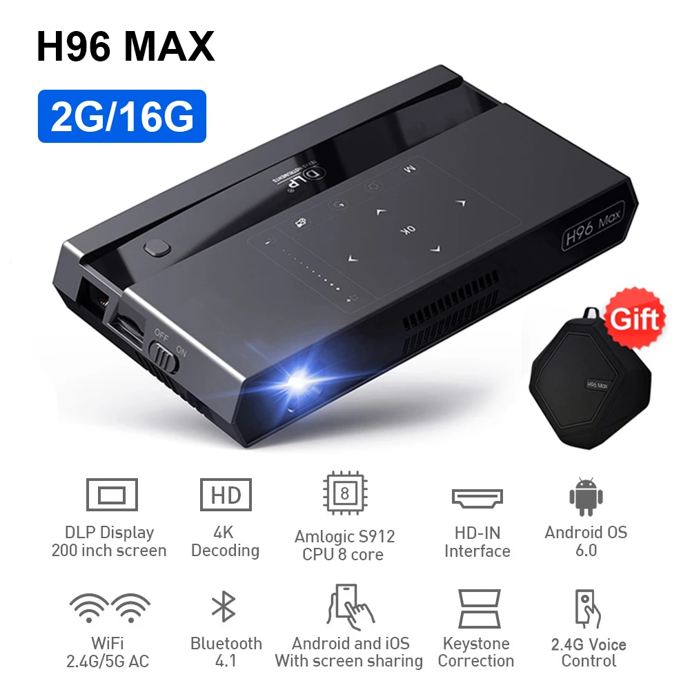 

Мини-проектор H96 MAX, DLP, Full HD, 4K, 5G, Wi-Fi, Android 6,0, портативный проектор S912, 2 ГБ, 16 ГБ, сенсорная кнопка, голосовое управление, 200 дюйма