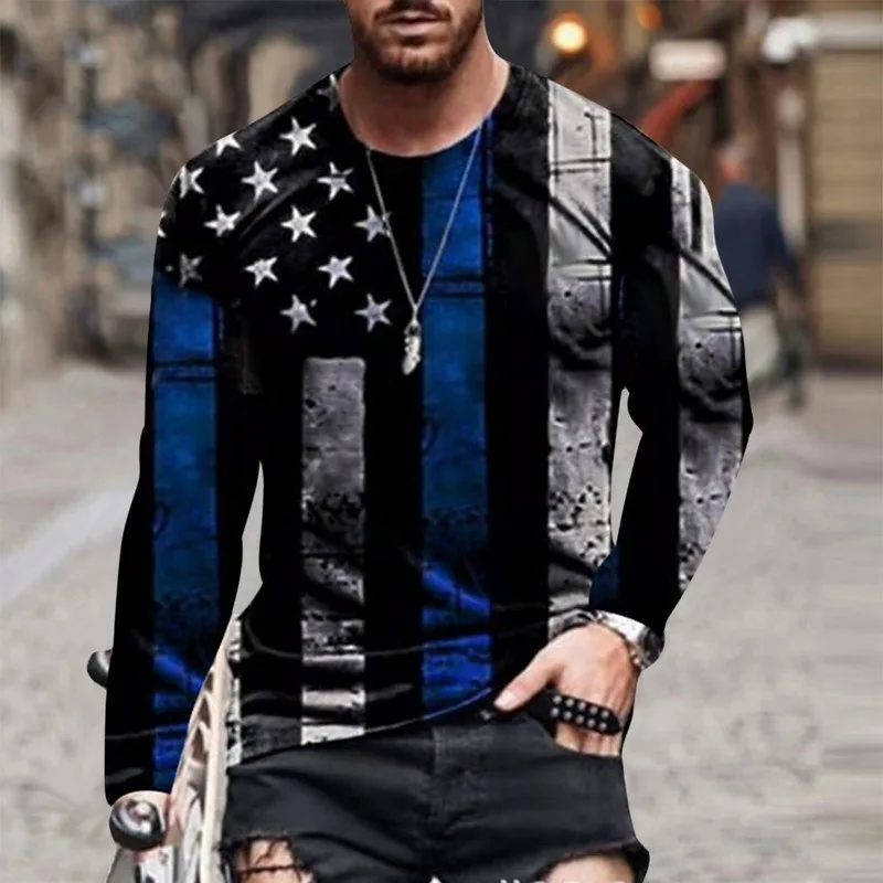 

Men Autumn Tshirt Brand Comfortable Round Neck T-shirt Fashion Print Breathable Long-sleeved Summer Retro Latest Style 2021