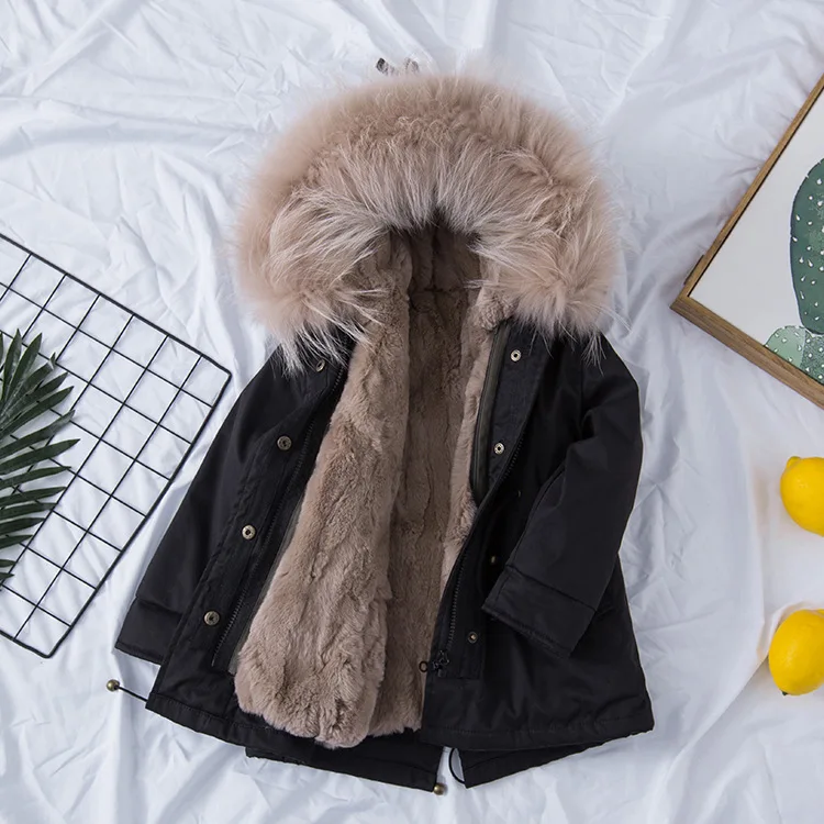 Black top apricot Г. Детские куртки из натурального кроличьего меха зимние пальто для девочек со съемной подкладкой из натурального меха, куртка для малышей меховой воротник енота - Цвет: Black top apricot
