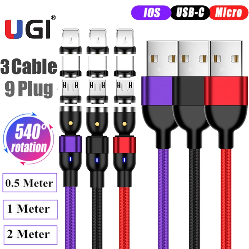 UGI 3 шт. (3 кабеля + 9 штекеров) в 1 Магнитный кабель для быстрой зарядки IOS Тип C USB Micro
