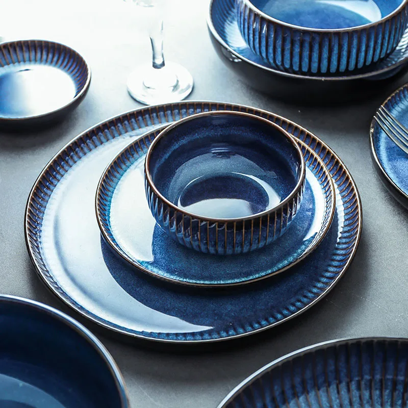 

KINGLANG керамический глубокий синий обеденный набор фарфоровая посуда набор для 2/4 человек использовать Миску Блюдо