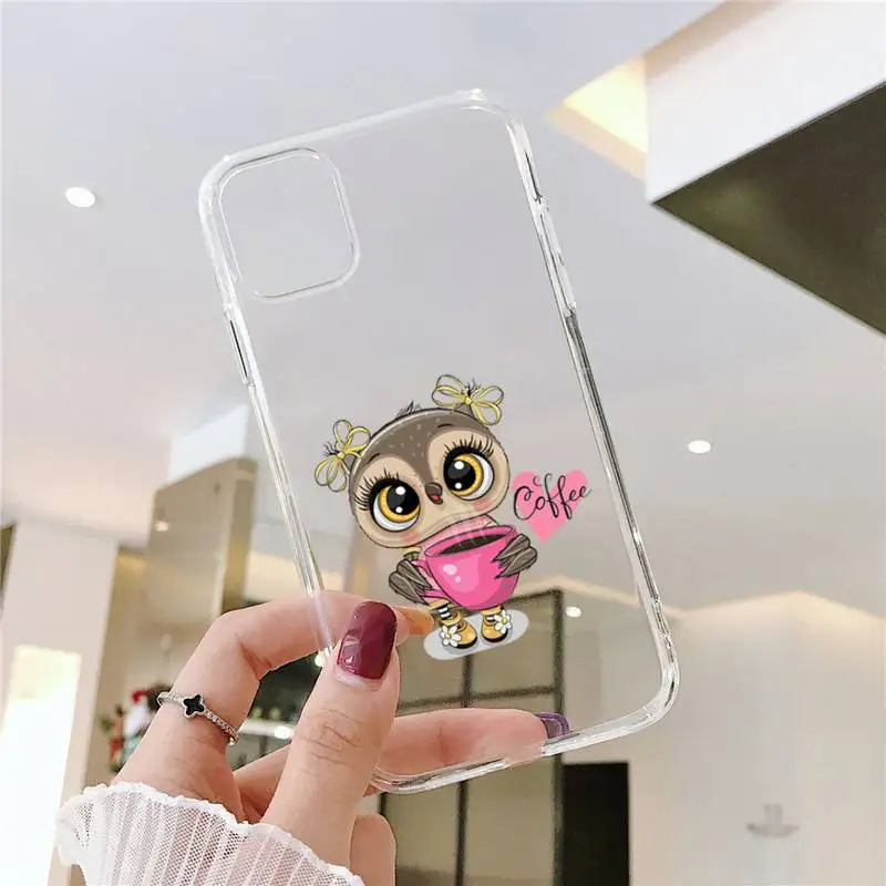 

Cute Owl Black Phone Case Transparent for iPhone 11 12 mini pro XS MAX 8 7 6 6S Plus X 5S SE 2020 XR