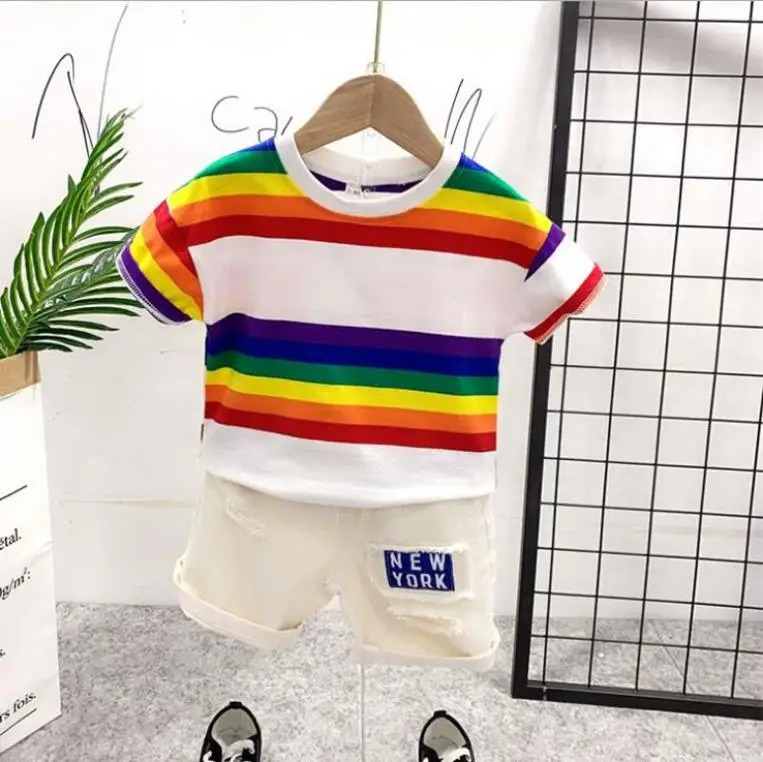 

Baby Clothing Summer Toddler Children Boy 2 Pcs Sets Fashion Style Rainbow stripe T-shirt + shorts Infant Clothes Set Tracksuit