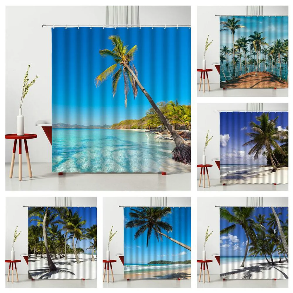 Сценическая занавеска для душа Пляжная с кокосовым деревом тканевая s товары
