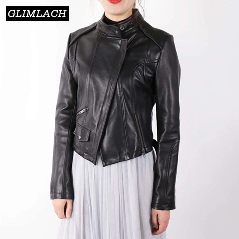 2021 New Women Motorcycle Leather Jackets 100% Real Lambskin Genuine Leather Jacket Female Spring Korean Slim Fashion Coat Lady