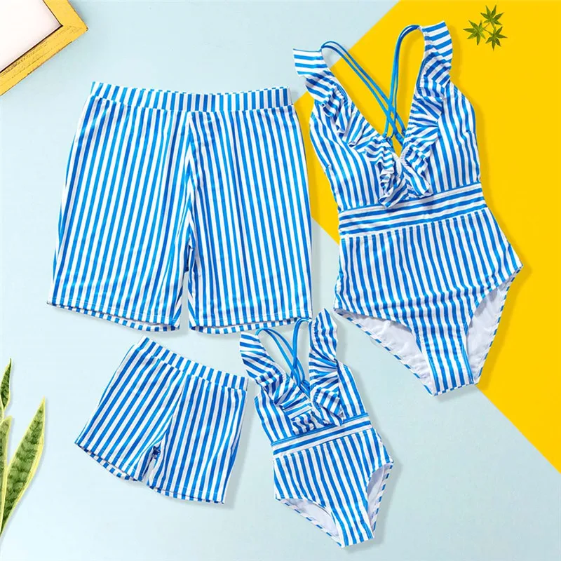

Beach Family Swimwear Striped Matching Swimsuits Mother Daughter Mommy and Me Bath Suits Clothes Outfits Look Father Son Shorts