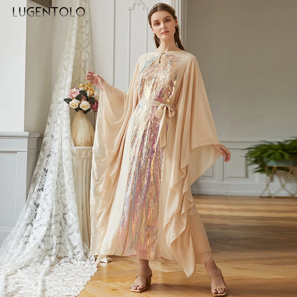 

Lugentolo Colorful Women Elegant Dress Luxurious Long Butterfly Sleeve Fashion Muslim Sequins Beaded O-neck Lady Maxi Dress