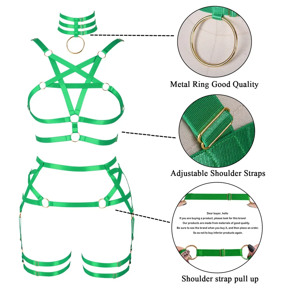 

Fruit Green Full Body Pentagram Erotic Lingerie Set Gothic Style Women's Underwear Adjust Waist Suspender Belt Pole Dance Rave