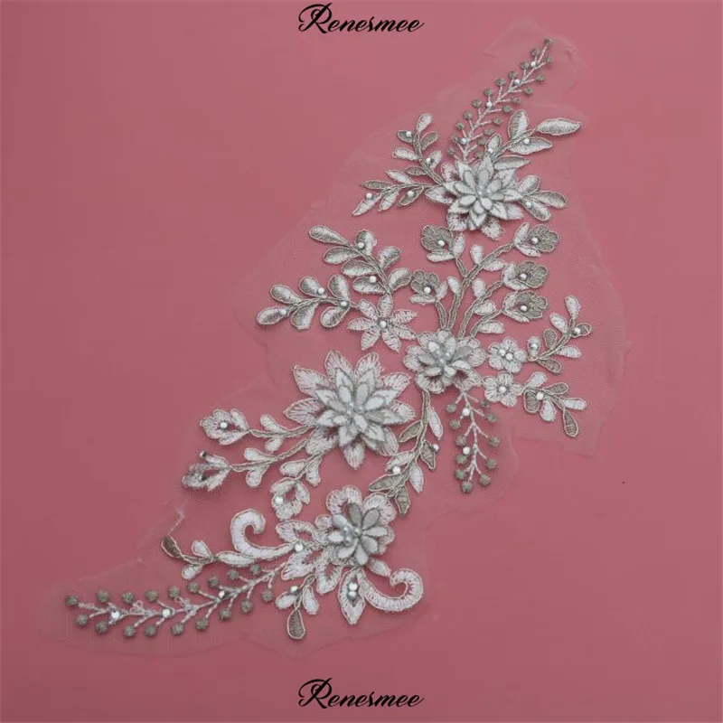 1Pc Silver Cording Ivory Beads Lace Flower Applique Bride Wedding Dress DIY Tiara Veil Accessories Patch 35X14cm SX453 | Дом и сад