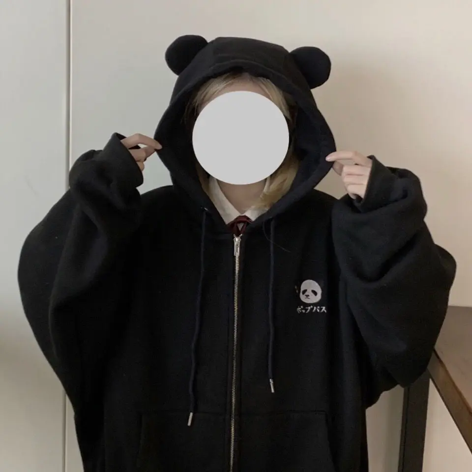 

Hoodies Women Cute Panda Ear Casual Sweatshirts Zip Up Long Sleeve Lady Clothes New Chic BF Cartoon Hooded Black