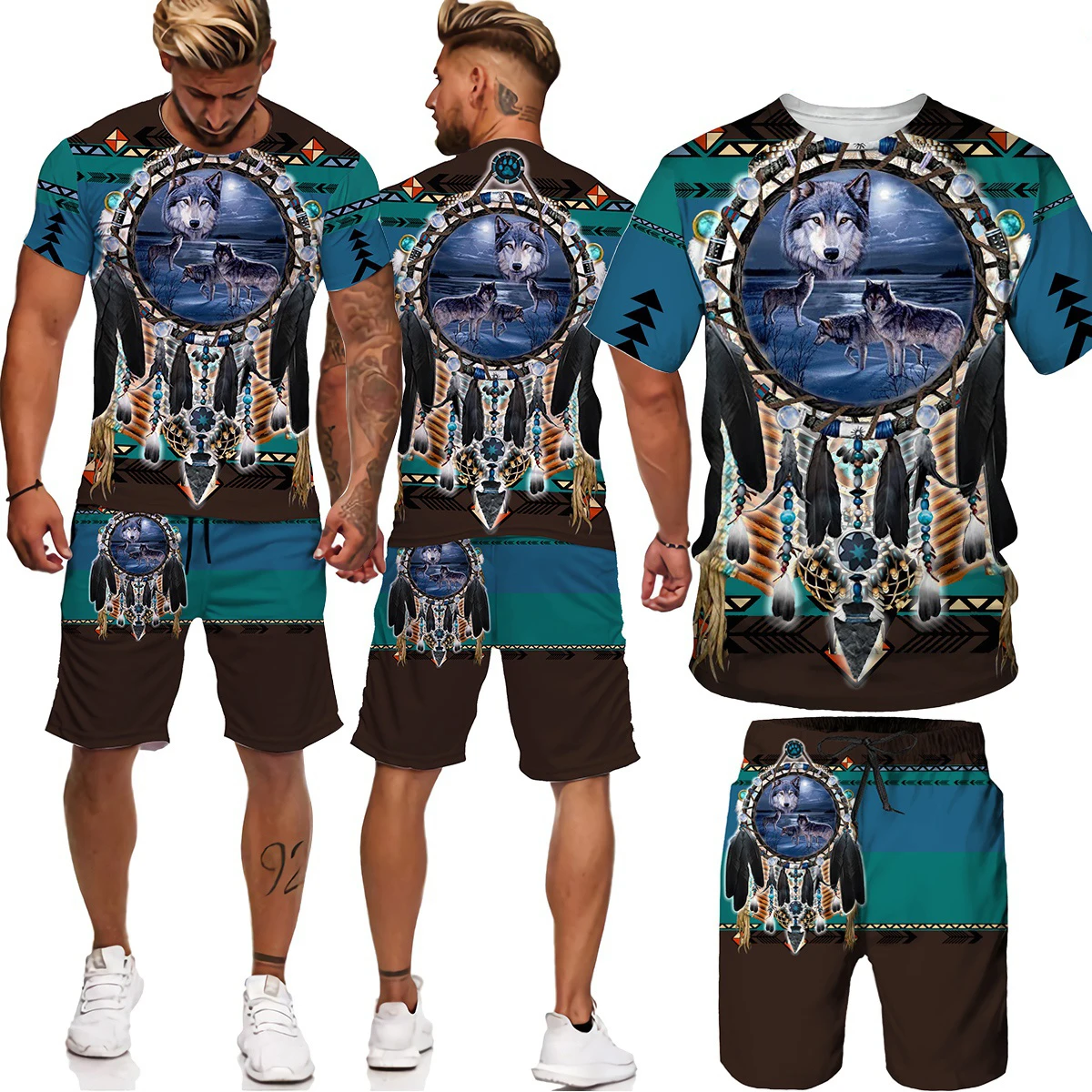 

New 3d Printing Men's T-shirt + Shorts Suit Men's Sportswear O-neck Short-sleeved Wolf Pattern Men's Printed Suit Beach Pants