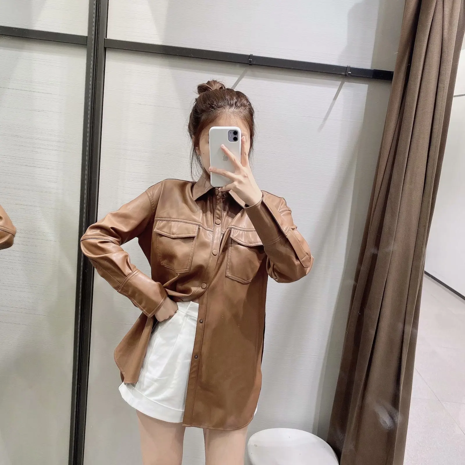 Spring Autumn New Women's Imitation Leather Brown Retro Coat With Belt Ladies Long Sleeve Loose Casual Faux Leather Jacket