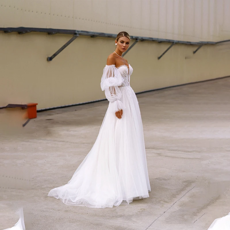 

Простое богемное ТРАПЕЦИЕВИДНОЕ свадебное платье, женские свадебные платья со съемным рукавом и аппликацией из бисера, индивидуальный пош...