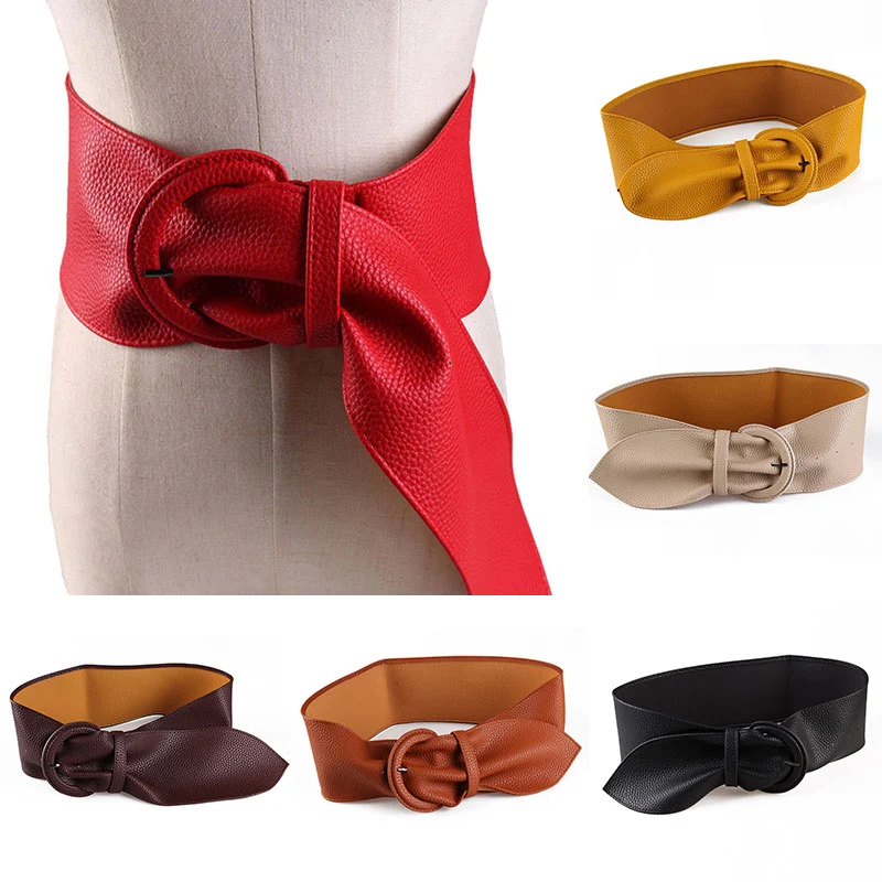 

Women Fashion Wide Leather Belts for Dresses Blouse Buckle Ladies Western Trending Design Black Yellow Red Camel Long Belt