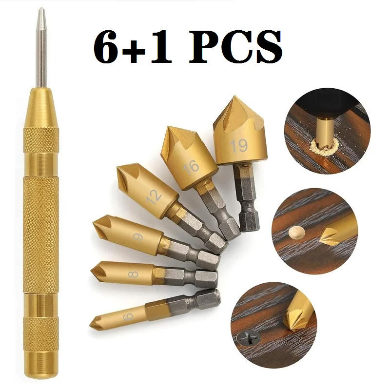 

7 Pcs Hex Shank Countersink Drill Bit 6-19mm Set 5 Flute Hole Drill 90 Degrees Wood Chamfering Cutter Center Punch Tool