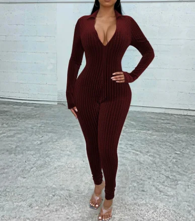

Casual long-sleeved skinny deep v zipper suede solid color jumpsuit women