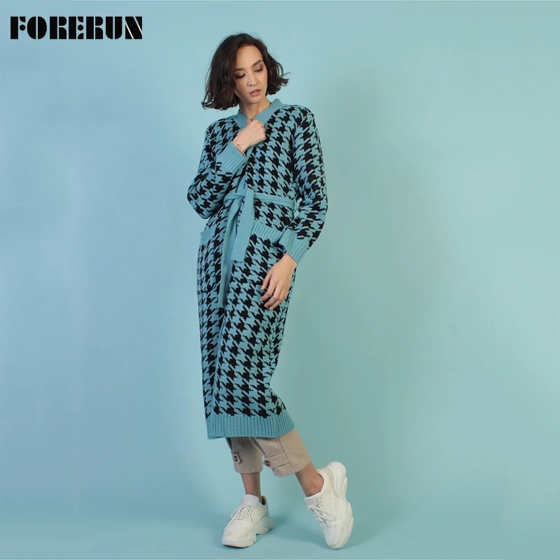 

FORERUN Long Cardigan Women V-neck Checkerboards Printed Sweater Elegant Office Lady Long Sleeve Outwear Plaid Top Manche Longue