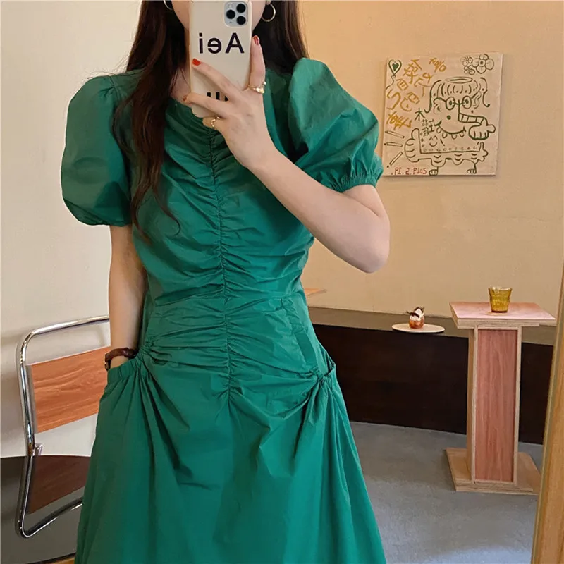 

Лидер продаж 2021, летняя Женская французская плиссированная юбка-годе HziriP с круглым вырезом и пышными рукавами, однотонная тонкая элегантна...