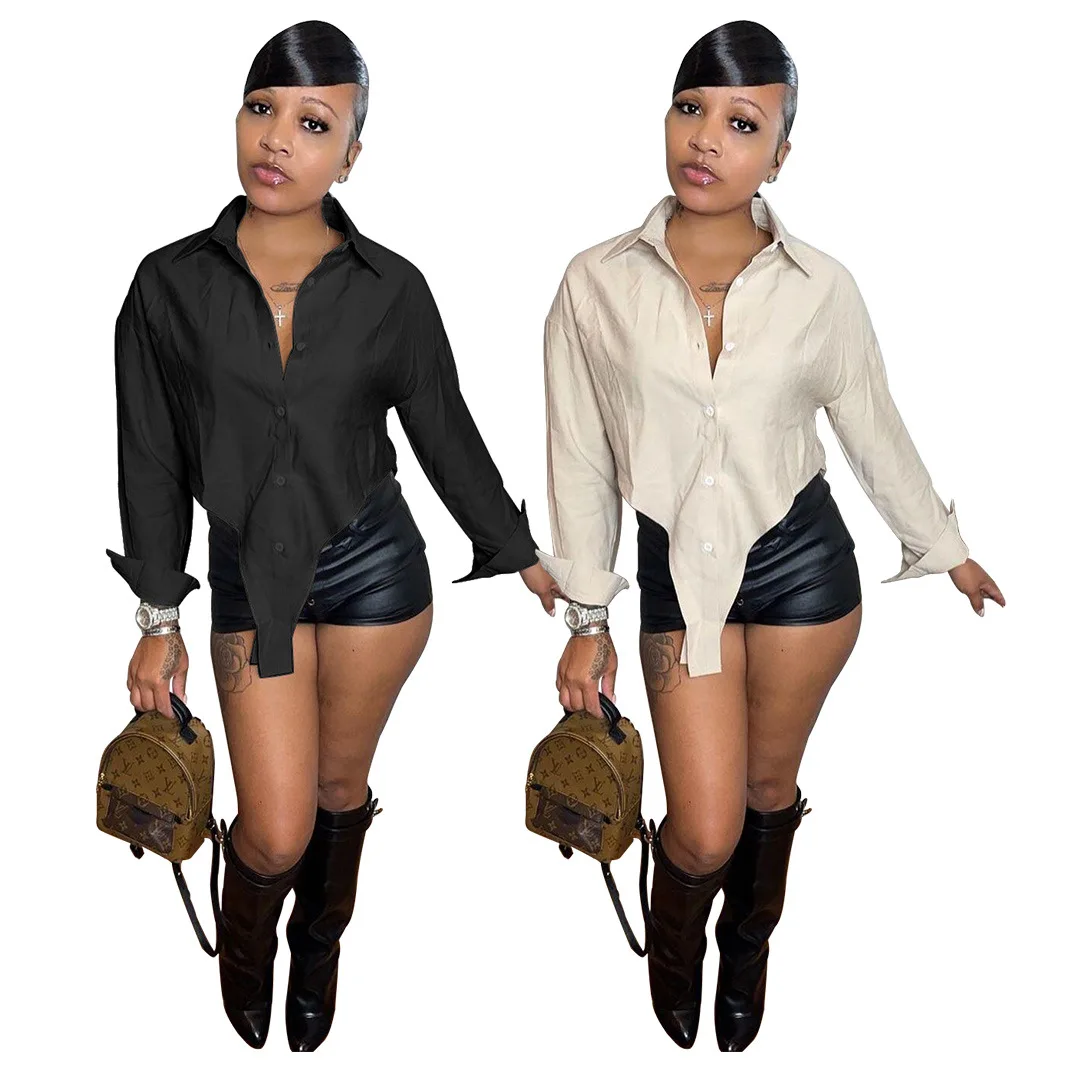 

436583 Autumn Winter Women Casual Fashion Sexy Solid Cute Irregular Hem Shirt Hot