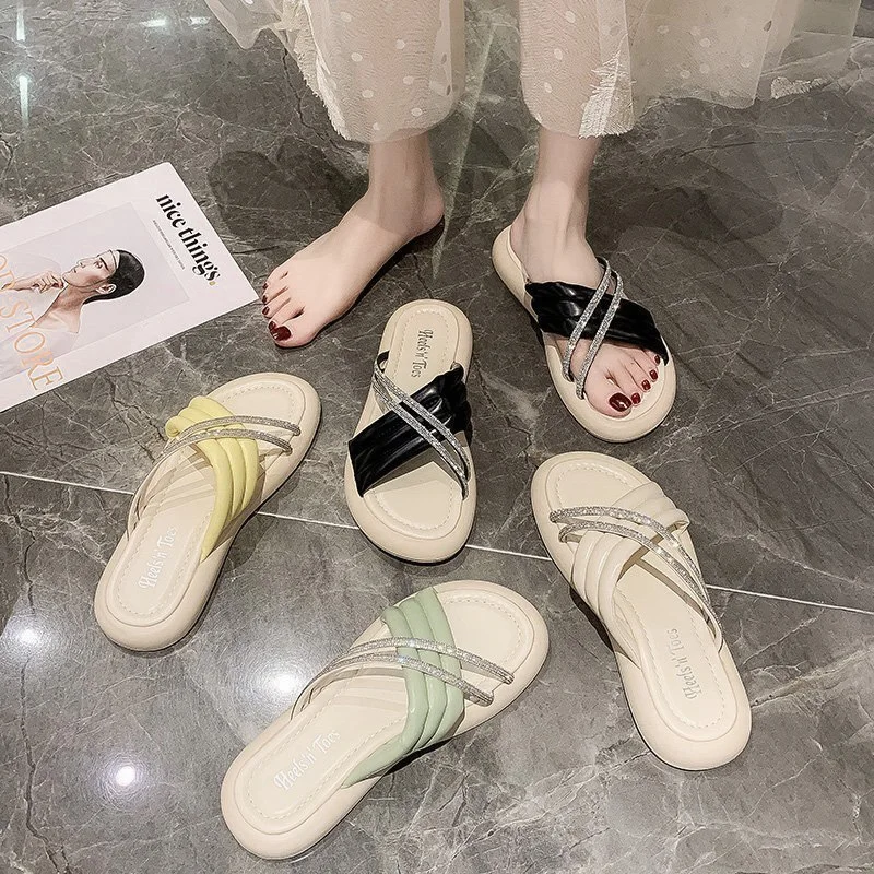 

Glitter Slides Slippers Casual Flat Shoes Female Slipers Women Low Jelly Luxury 2021 Summer Beach Soft Crystal Rome Fashion Basi