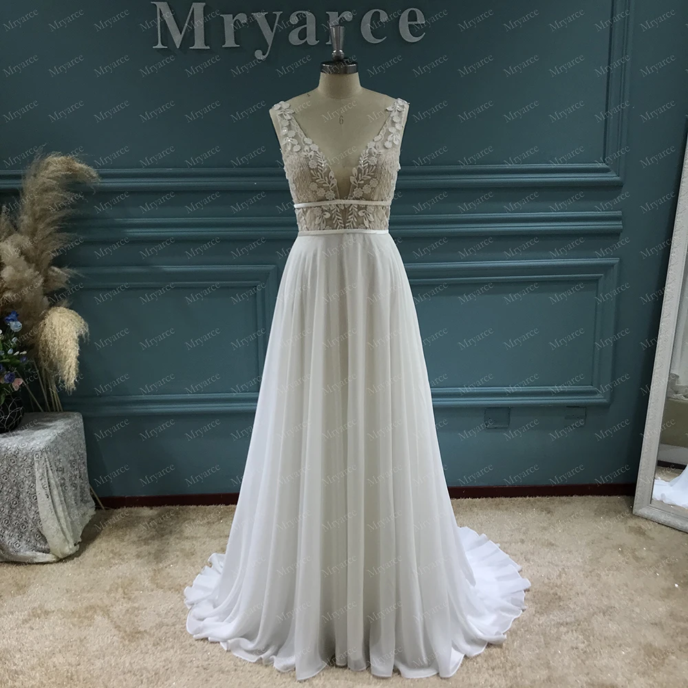Mryarce Brautkleid mit tiefem Ausschnitt, 3D-Blumenspitze, offener Rücken, Chiffon, A-Linie, rustikale Brautkleider – Detail 1