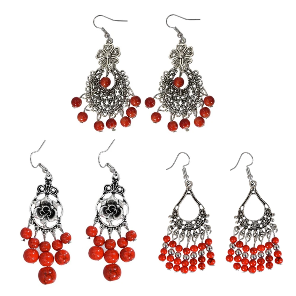 

Earrings Retro Hot Sale Women Vintage Engraving Flower Hollow Tassel Ceramic Beads Children Drop Drip Handmade Hook Earring.