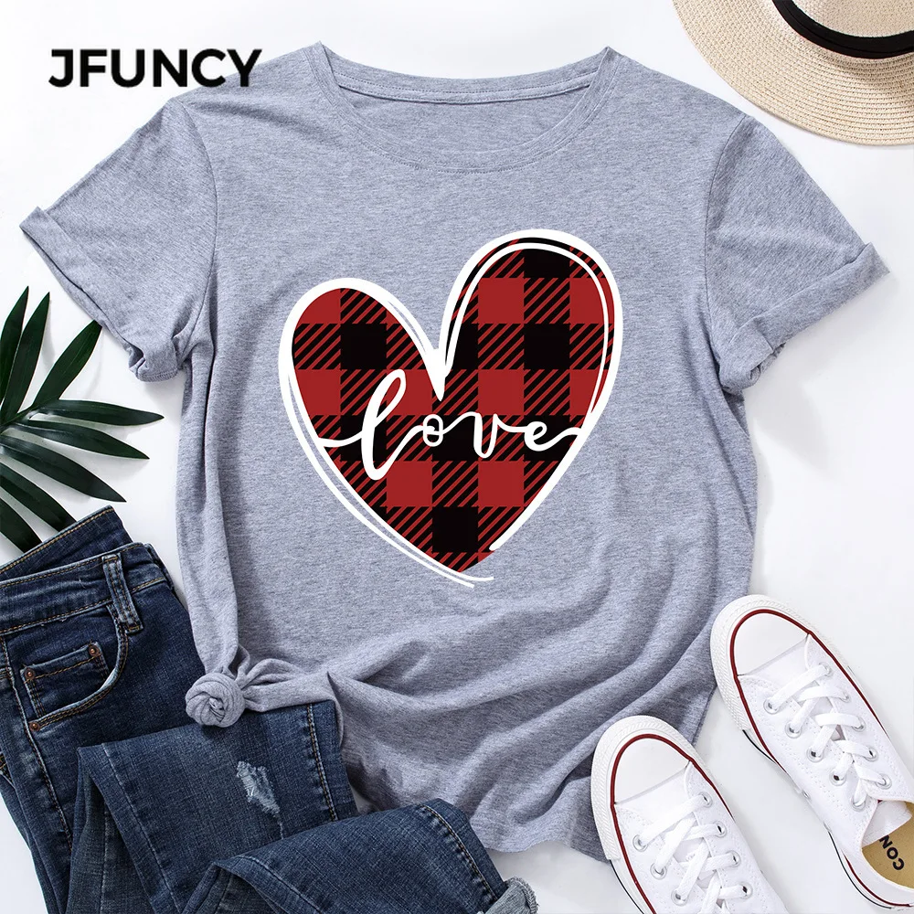 JFUNCY  5XL Women T-shirt Plaid Love Letter Graphic Print Tees Short Sleeve Woman Tshirt Summer Cotton Female Tops