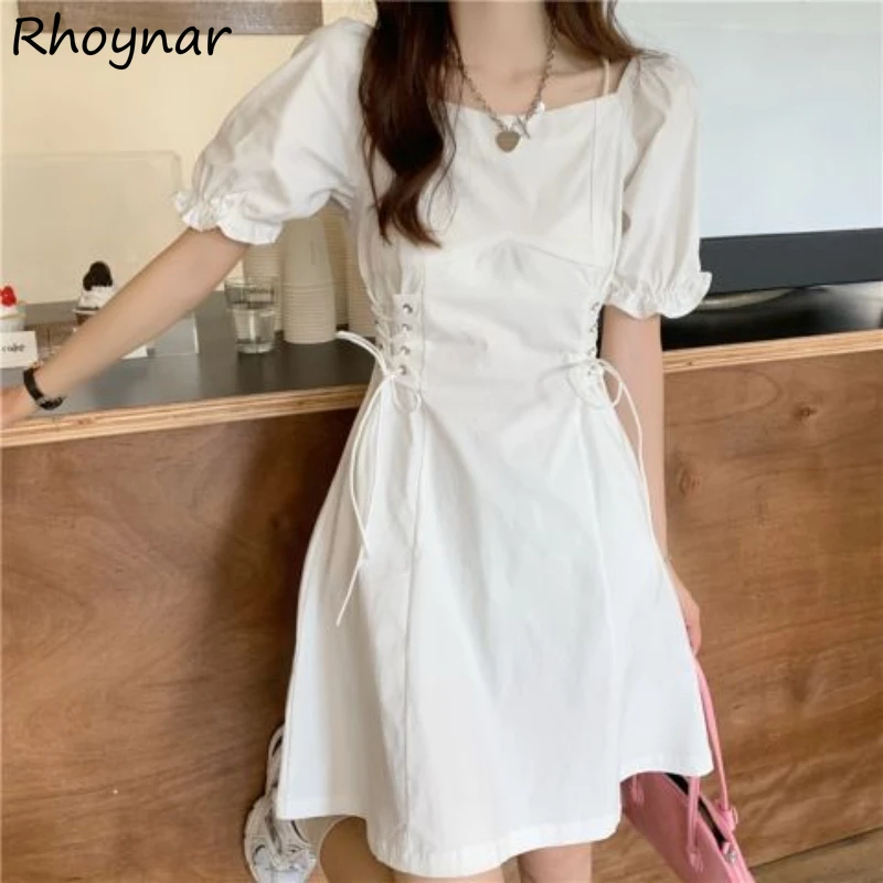 

Женское летнее мини-платье-трапеция, сарафан с пышными рукавами, однотонный, простой, Повседневный, с квадратным вырезом, для отдыха, для дев...