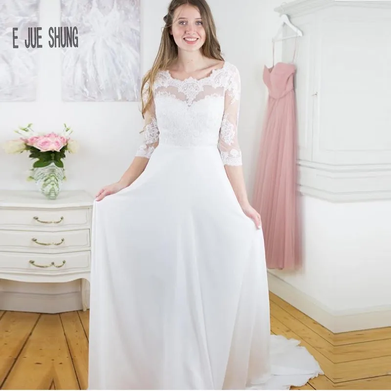 

E JUE SHUNG Elegant Sheer Scoop Neck Wedding Dresses Lace Appliques Open Back 3/4 Sleeves Bridal Dress Robe De Soiree