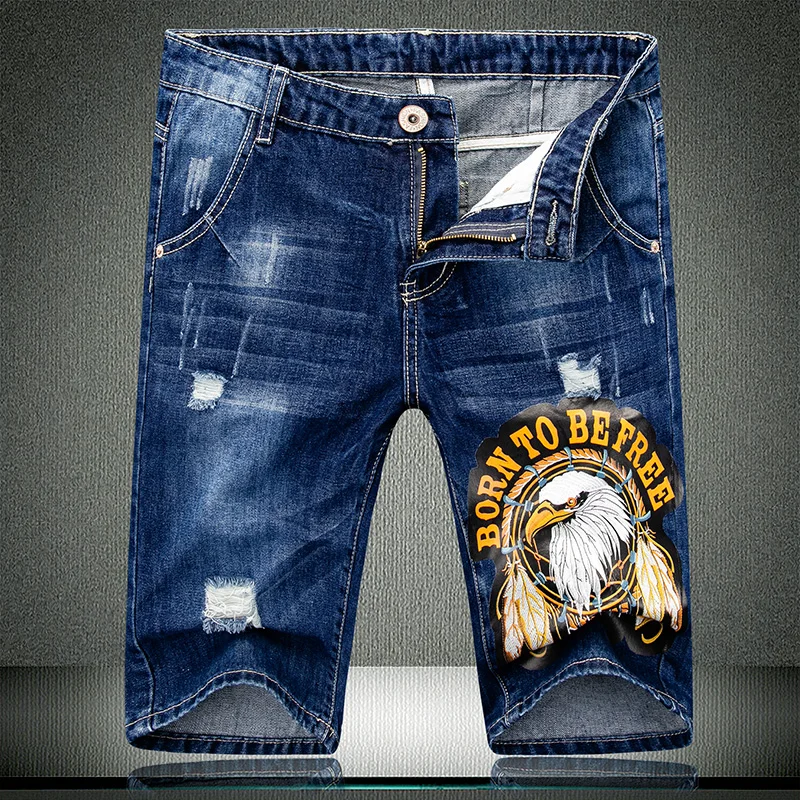 Мужские джинсовые шорты черные прямые джинсы до колена с принтом орла и