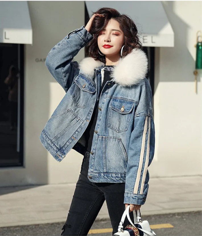 Зимняя новинка женская джинсовая куртка модная большой меховой воротник теплая