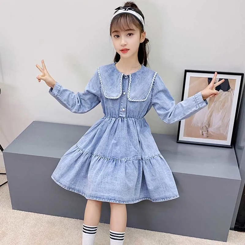 

Spring 2021 New Jeans Teenager Girls Dress Fashion School Little Girl Long Sleeve Princess Dresses Children Clothing Autumn