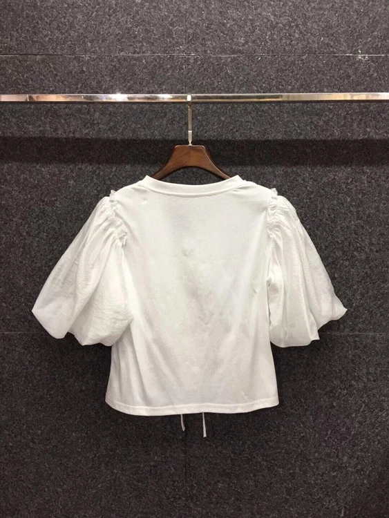 

2021 spring and summer new women's fashion V-neck bubble sleeve decoration solid color versatile short sleeve top 317