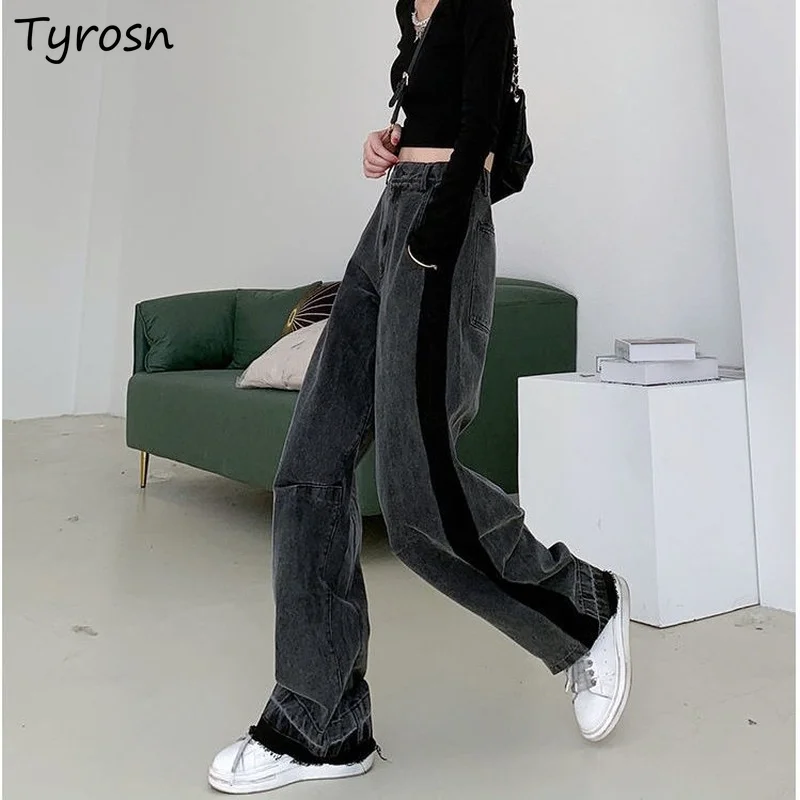 

Jeans Women Fashion Panelled Side Striped Straight Loose Mopping Denim Trousers Students All-match Vintage Leisure Chic Spring