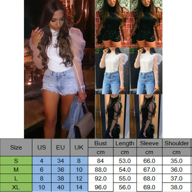 

Meihuida Summer Women Sexy Translucent See-through Sheer Mesh Puff Long Sleeve Turtleneck Shirt Blouse Holiday Night Club Wear