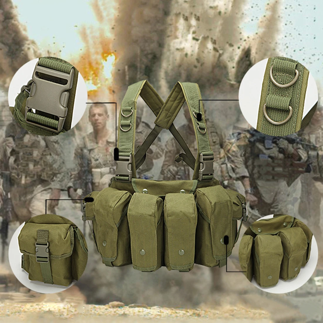 

Large Capacity Four Magazine Pouch AK Chest Rig - Green