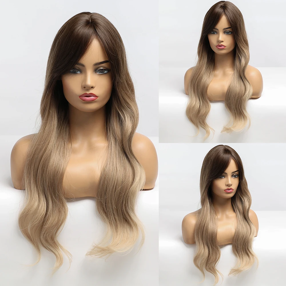 

Omber Ash Brown Blonde Synthetic Wigs with Side Bangs Long Natural Wavy Wig for Women Daily Party Cosplay Heat Resistant Fiber