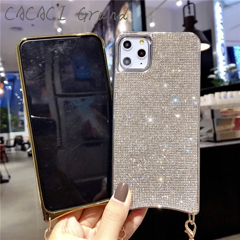 Роскошный чехол с блестящими бриллиантами для apple iphone xs 11 pro max XR X 7 8 6S 6 PLUS, чехол с металлическим ожерельем через плечо
