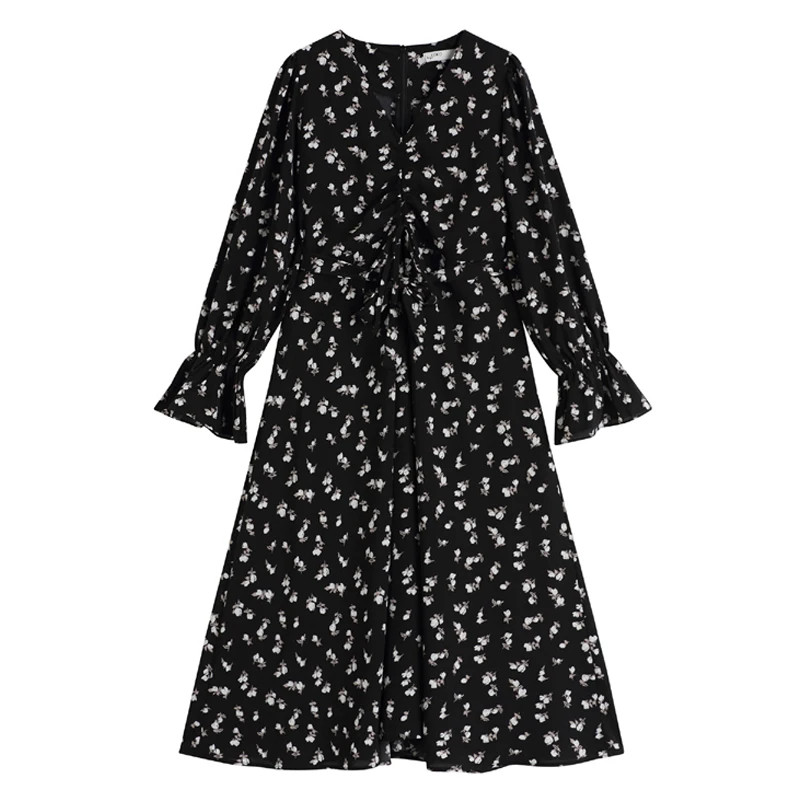 

Retro Floral V-Neck Temperament High Waist Slimming 2021 Spring New French Long-Sleeved Dress Women Flare Sleeve Maxi Dress