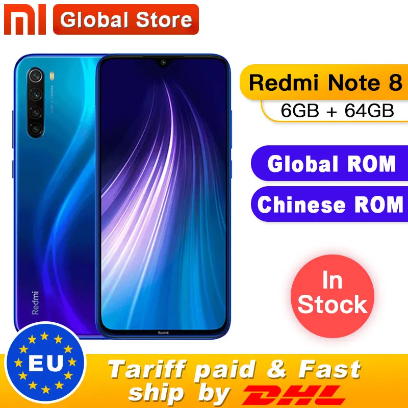 Смартфон Xiaomi Redmi Note 8 с глобальной ПЗУ, 6 ГБ, 64 ГБ, Восьмиядерный процессор Snapdragon 665, 6,3 дюйма, 48мп, четырехъядерный, тыловая камера, 4000 мАч
