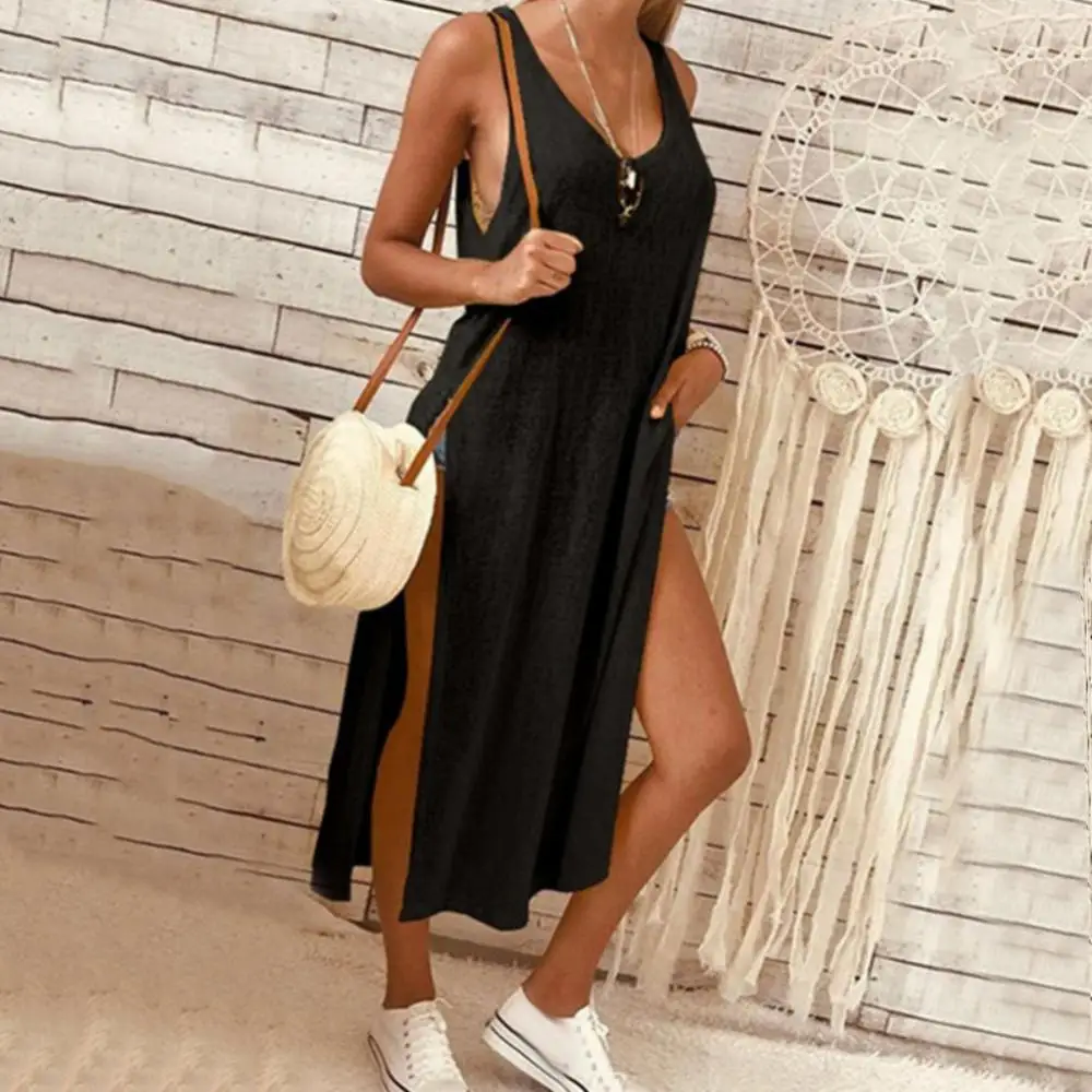 

70% Hot Sell Casual Women Summer Sleeveless Round Neck Loose Split Solid Color Tank Dress