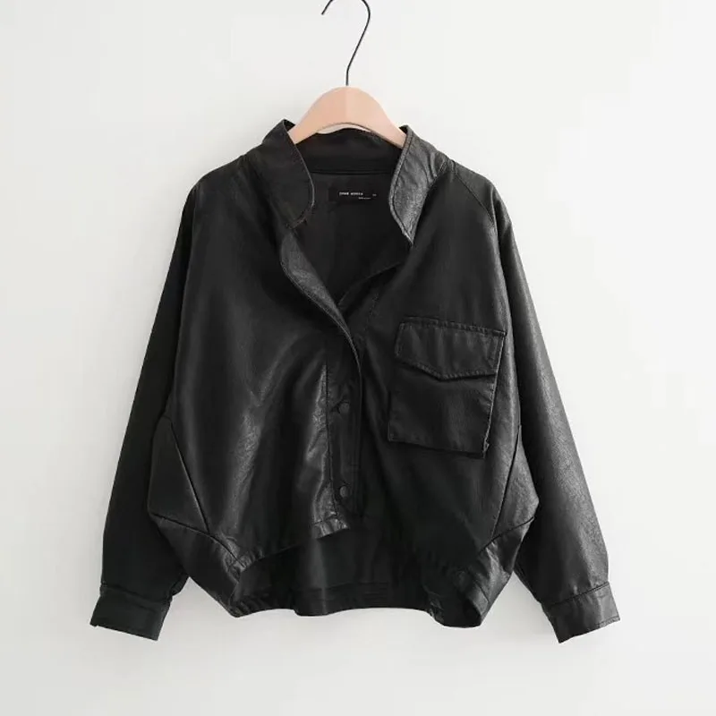 ZWTY Autumn New Asymmetrical Batwing sleeves Loose Women Faux PU Soft leather jacket Oversized Short Black biker coat streetwear