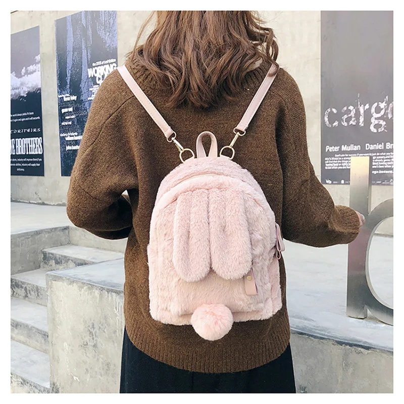 Mini Furry Fluffy Plush Schoolbag Winter Furry Rabbit Ear Backpack Cute Girls Shoulder Bag Women Travel Bag All-match