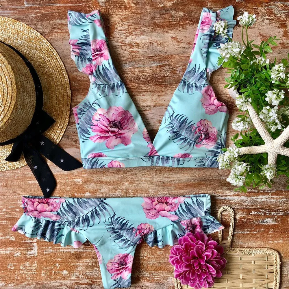 Bathing Printed Beachwear Suit Swim Set Women Floral Pattern Swimwear Bikini Point Bow Swimsuit Sexy 2021 | Женская одежда