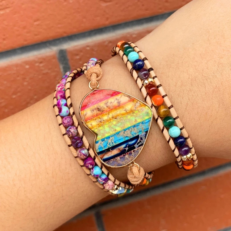 

Handmade Natural Stone Chain Beads 3 Strands Bangle Jewelry Heart Shape Leather Wrap Bracelets wholesales