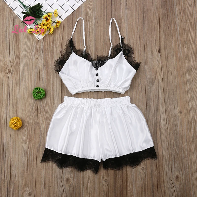 Lick губ чистого цвета Моделирование Шелковый Кружевной Край пижамы облегающая