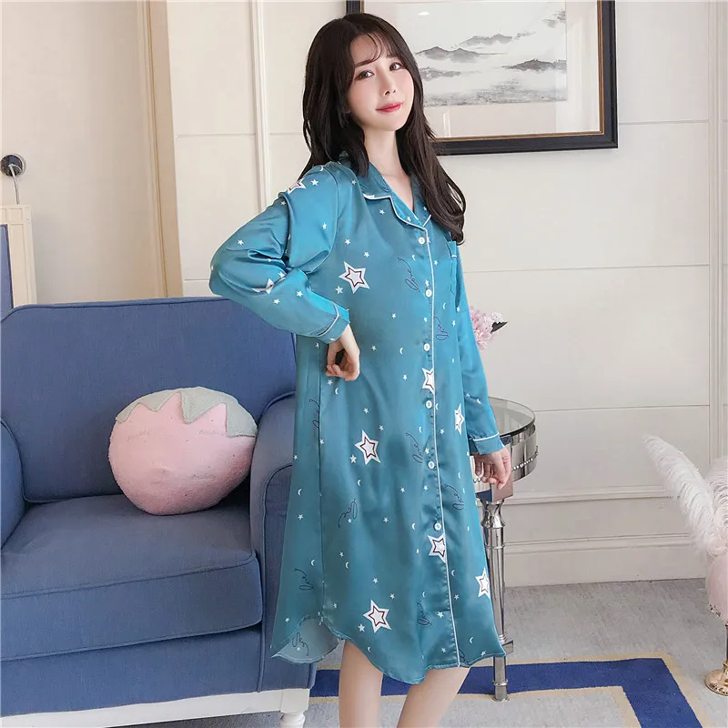 CAIYIER Sexy Silk Night Dress Winter Women Long Sleeve Sleepwear Flower Print Lingerie Sleepshirt Large Size Home Dress M-3XL