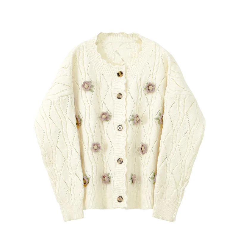 

Женский вязаный свитер в богемном стиле, Повседневный Кардиган с длинным рукавом, круглым вырезом и цветочной вышивкой, милые женские зимни...